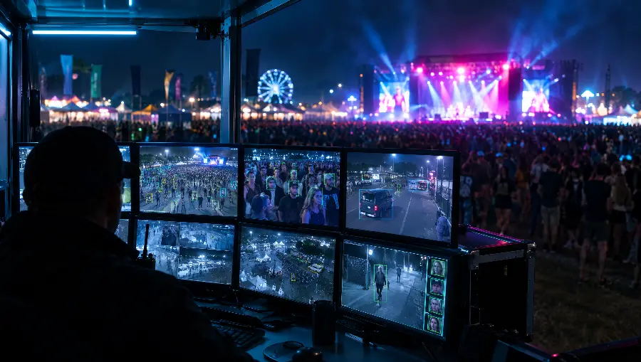Central de comando com câmeras em um festival