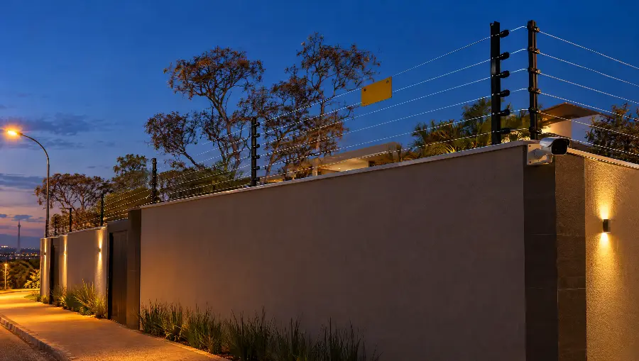 Cerca elétrica instalada sobre muro residencial