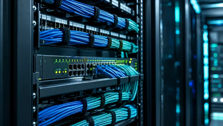 Rack de rede organizado com cabos e switch